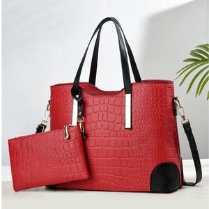 2-pcs Set Women’s Elegant Crocodile Embossed PU Leather Top Handle Bag with Purs